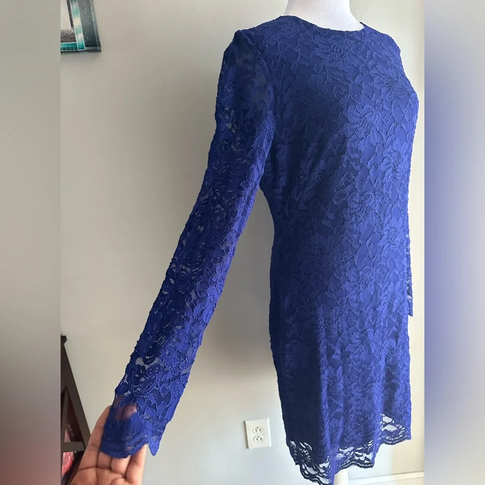 RALPH LAUREN Blue Stretch Floral Lace Sheath Scallop Trim Dress Size 10 - Picture 4 of 10